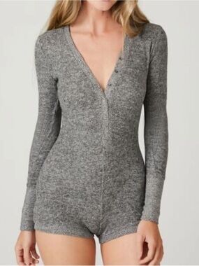Grey Ribbed Knit Long Sleeve Henley Pajama Lounge Romper